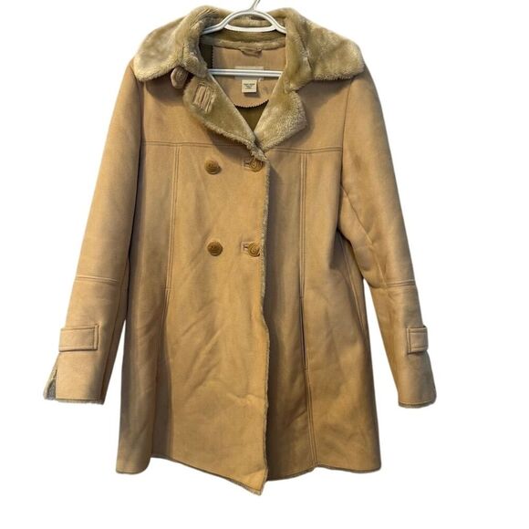 St. John's Bay Women's Camel Faux Suede‎ Overcoat M Fur Trim Vintage Penny Lane - Picture 1 of 8
